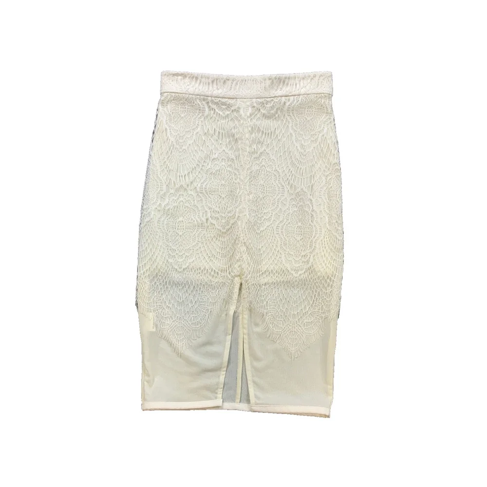 House of CB London Skirt Women XS Extra Small Ivory Lace Front Split Line Pencil